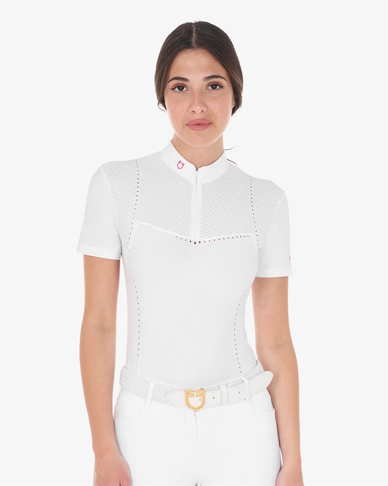Polo concurso mujer EQUESTRO blanco manga corta pecho y espalda microperforada - Imagen 1