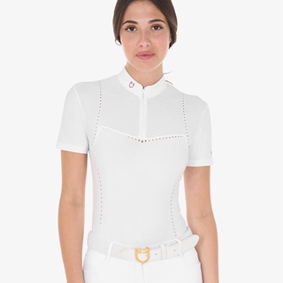 Polo concurso mujer EQUESTRO blanco manga corta pecho y espalda microperforada - Imagen 1