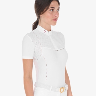 Polo concurso mujer EQUESTRO blanco manga corta perforado logo rosa - Imagen 1
