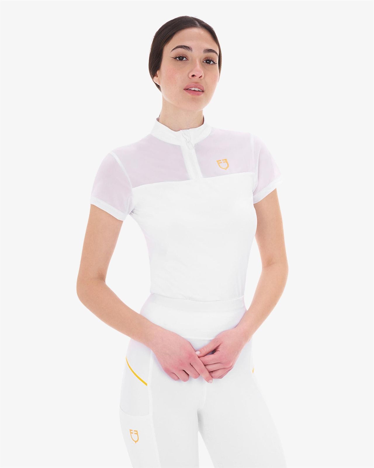 Polo concurso mujer EQUESTRO blanco manga corta tejido micro mesh - Imagen 4