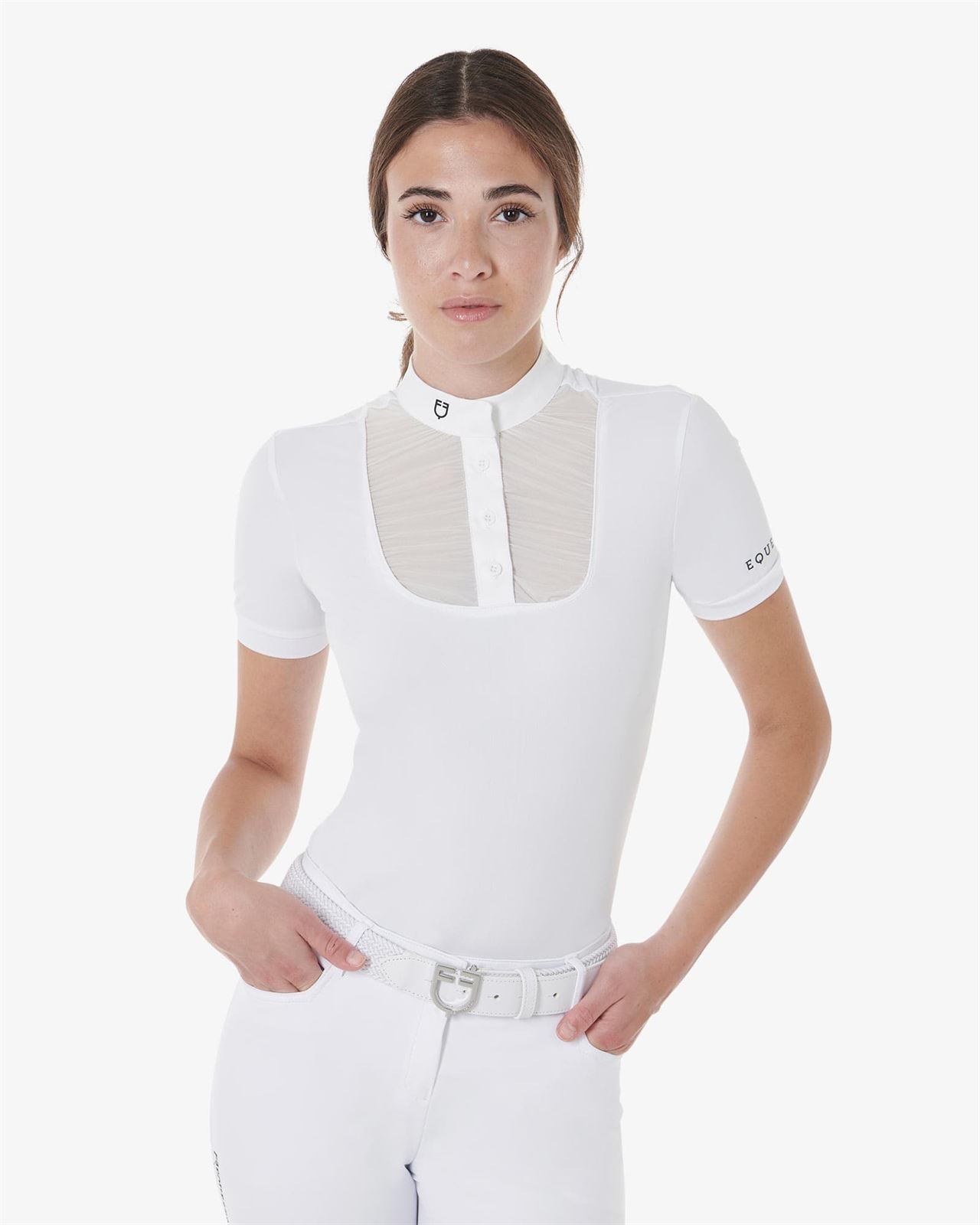 Polo concurso mujer EQUESTRO color blanco detalle manga negro - Imagen 1
