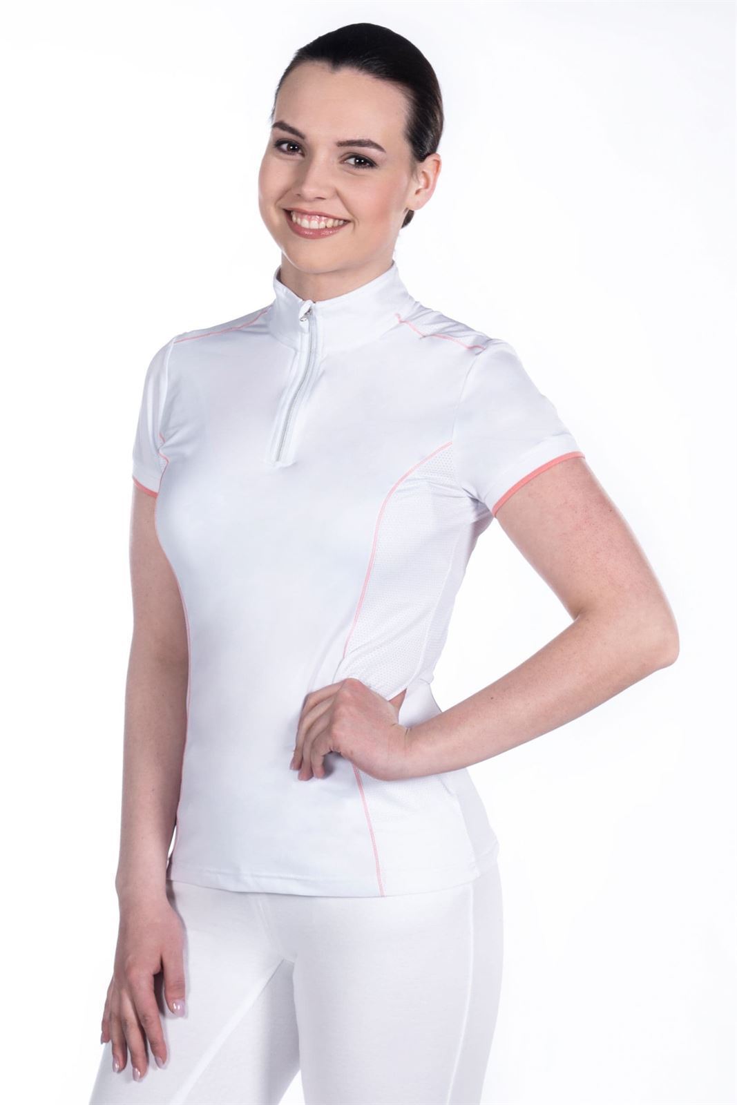 Polo concurso mujer HKM Sports Equipment Equilibrio Style color blanco con costura coral - Imagen 2
