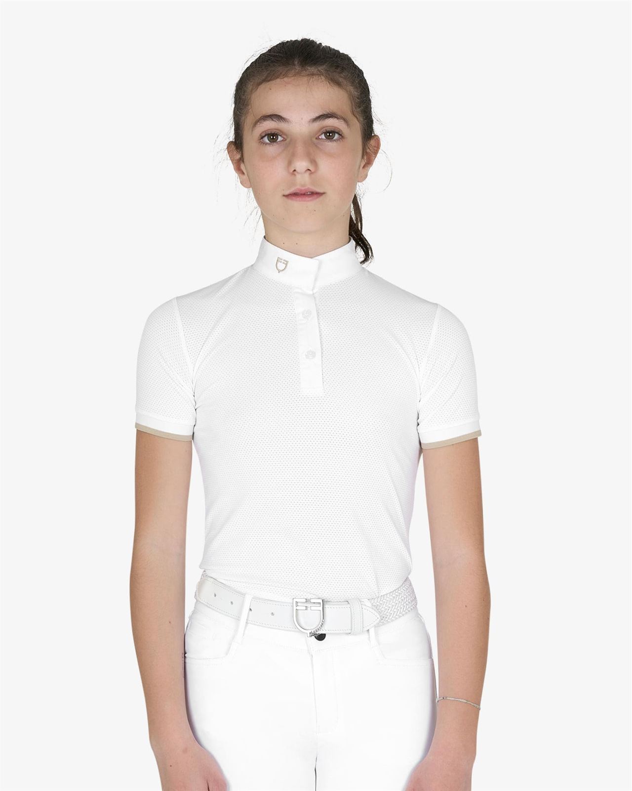 Polo concurso niña EQUESTRO blanco tejido mesh detalles oxford - Imagen 1