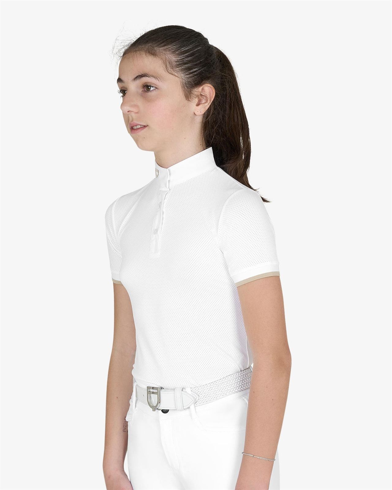 Polo concurso niña EQUESTRO blanco tejido mesh detalles oxford - Imagen 3