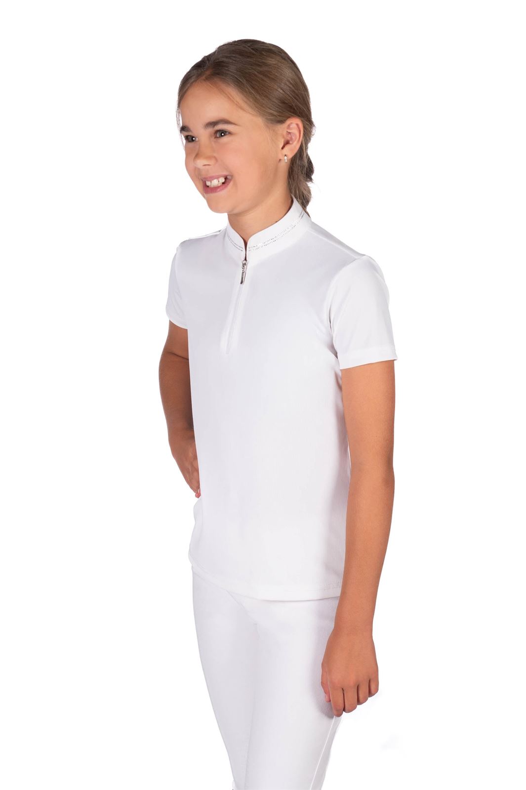 Polo concurso niña HKM Sports Equipment Amy color blanco con detalle cuello plateado TALLA 140 (8-9 años) - Imagen 3