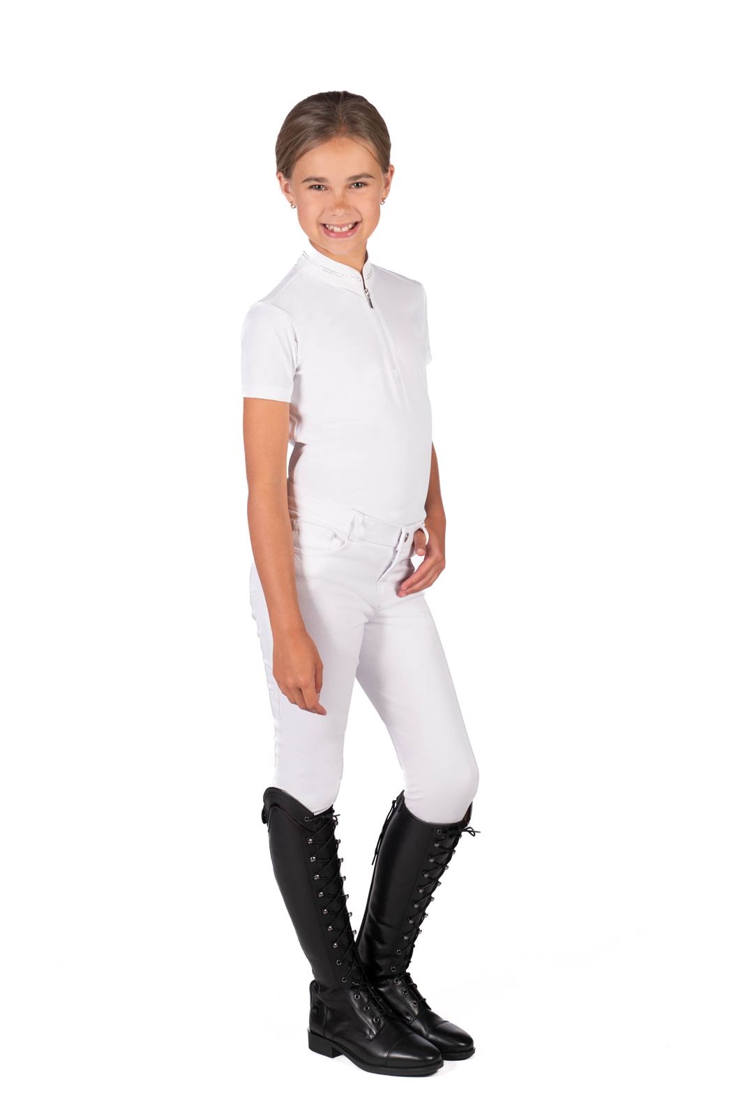 Polo concurso niña HKM Sports Equipment Amy color blanco con detalle cuello plateado TALLA 140 (8-9 años) - Imagen 4