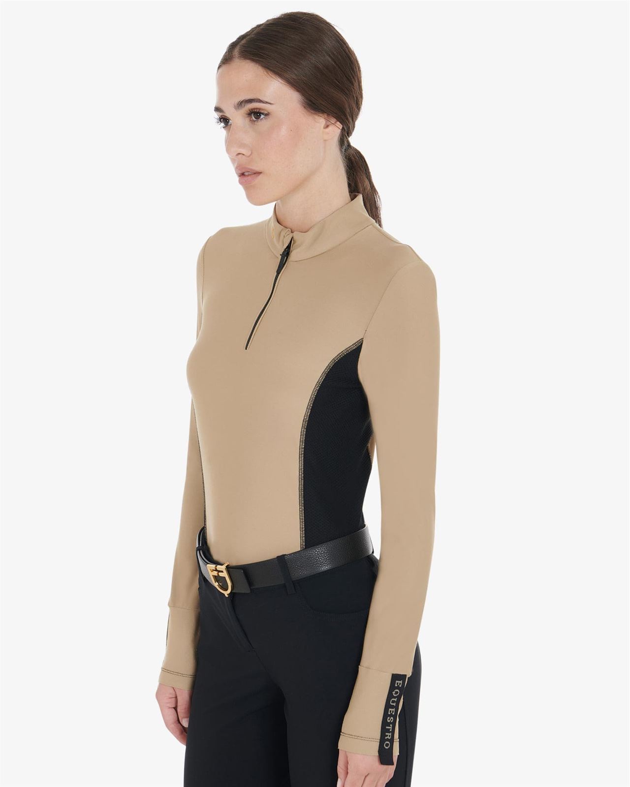 Polo mujer EQUESTRO color beige/negro manga larga - Imagen 3