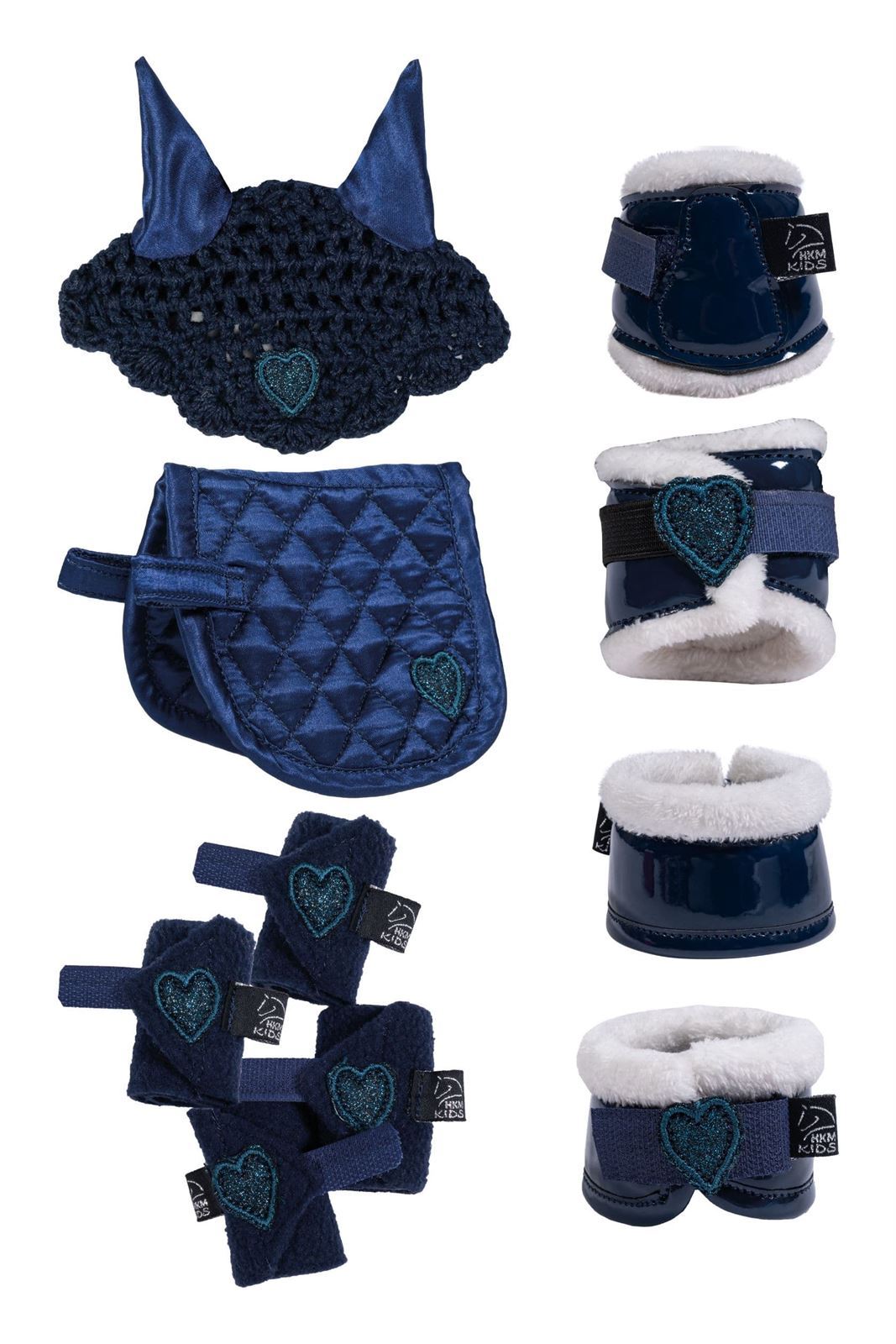 Set accesorios Cuddle pony HKM Sports Equipment Mantilla, orejeras, vendas, protectores y campanas color azul marino - Imagen 1