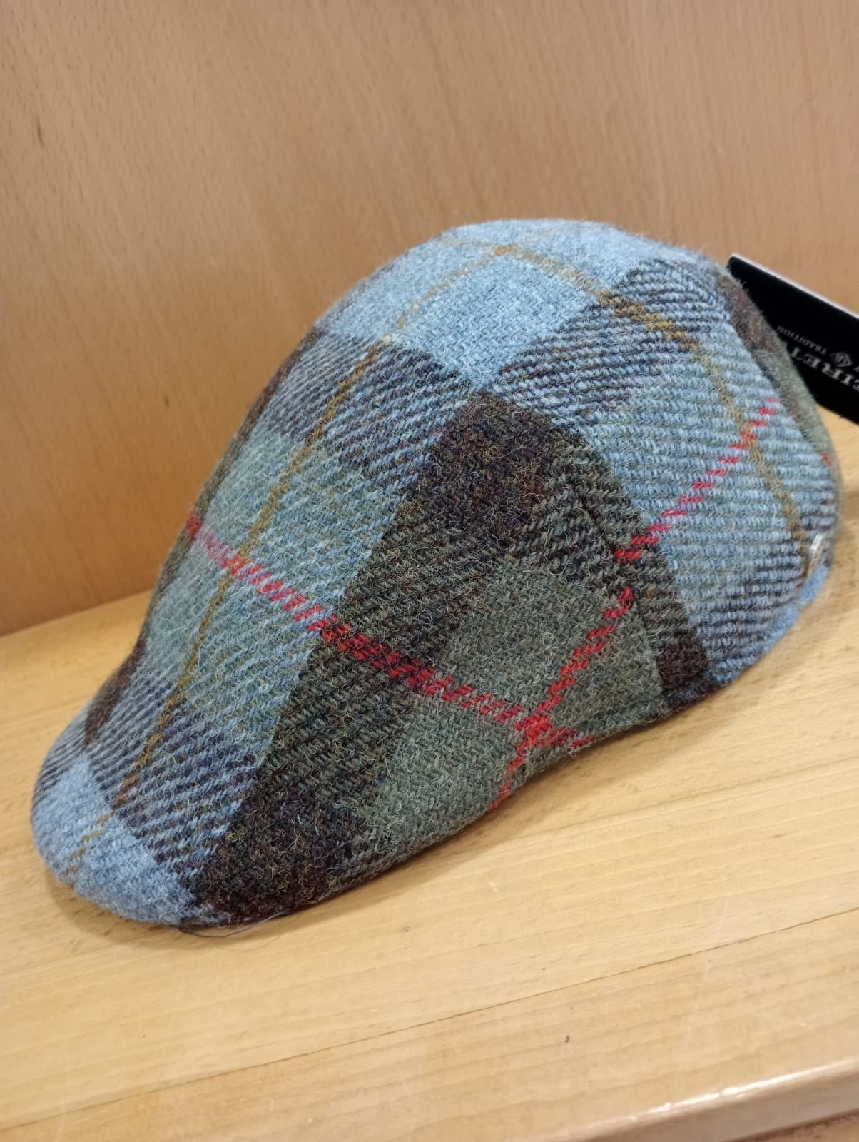 Visera BEIRETS de lana HARRIS TWEED, tartán azul claro/verde kaki - Imagen 1